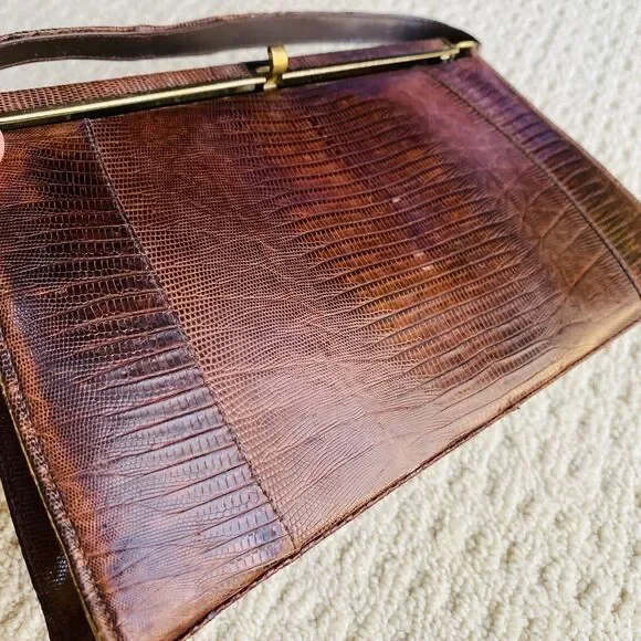 VTG Lizard Snake Alligator Skin Purse Caramel Brown Textured Leather Pocketbook